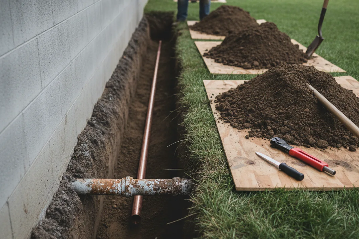Excavated water line trench during Sewer Line Repair in Mira Loma